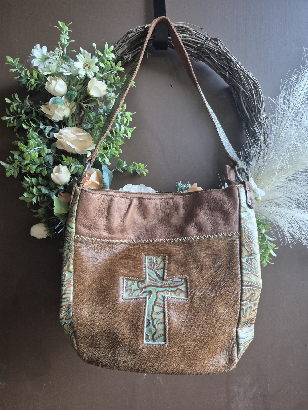 Genuine Tooled Flower Leather Purse Brown Cowhide Cross On Front